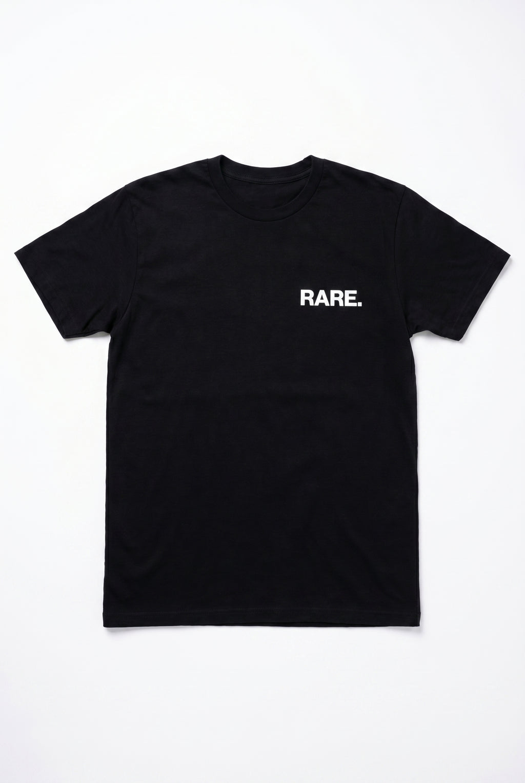 Black t-shirt with 'RARE.' text on a white background