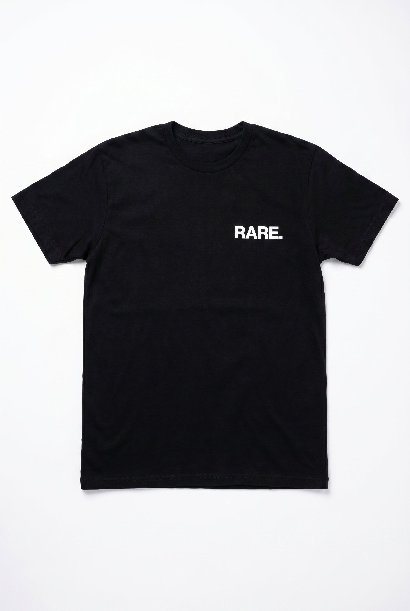 Black t-shirt with 'RARE.' text on a white background