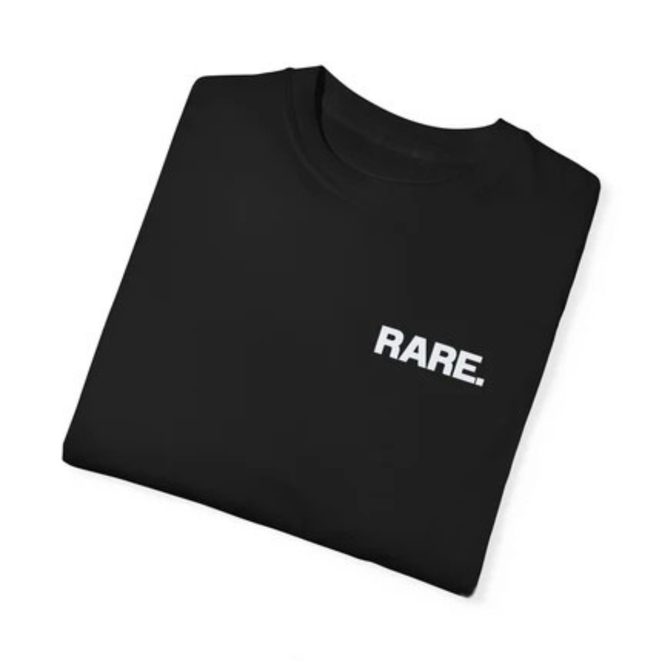 Folded  black t-shirt with RARE on the pocket