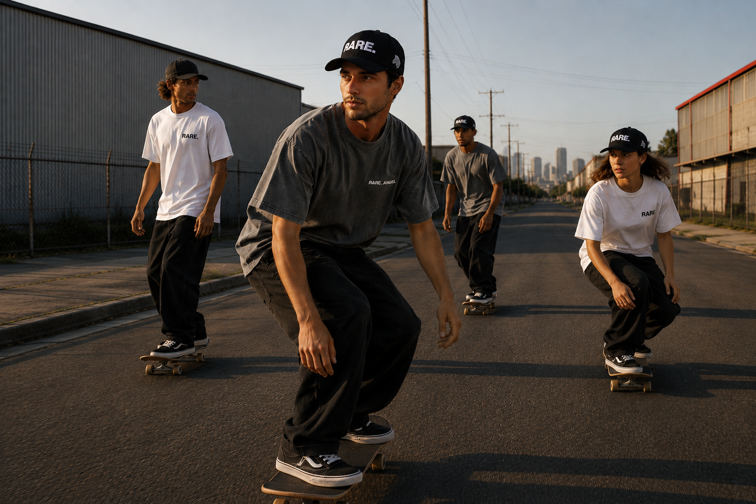 Four skateboarders on a street with a city skyline in the background