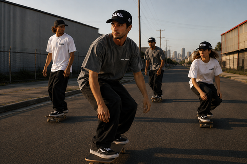Four skateboarders on a street with a city skyline in the background