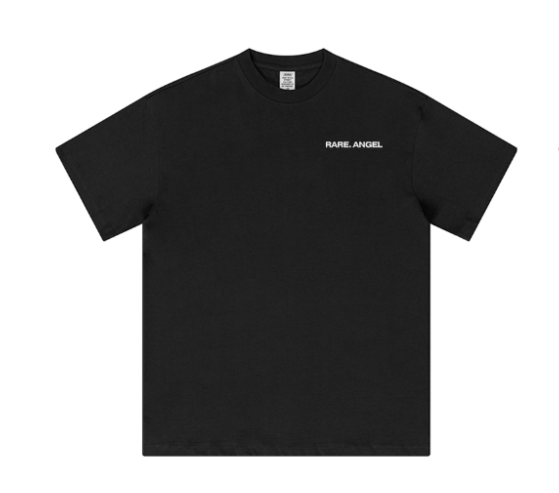 Black t-shirt with 'RARE ANGEL' logo on a white background