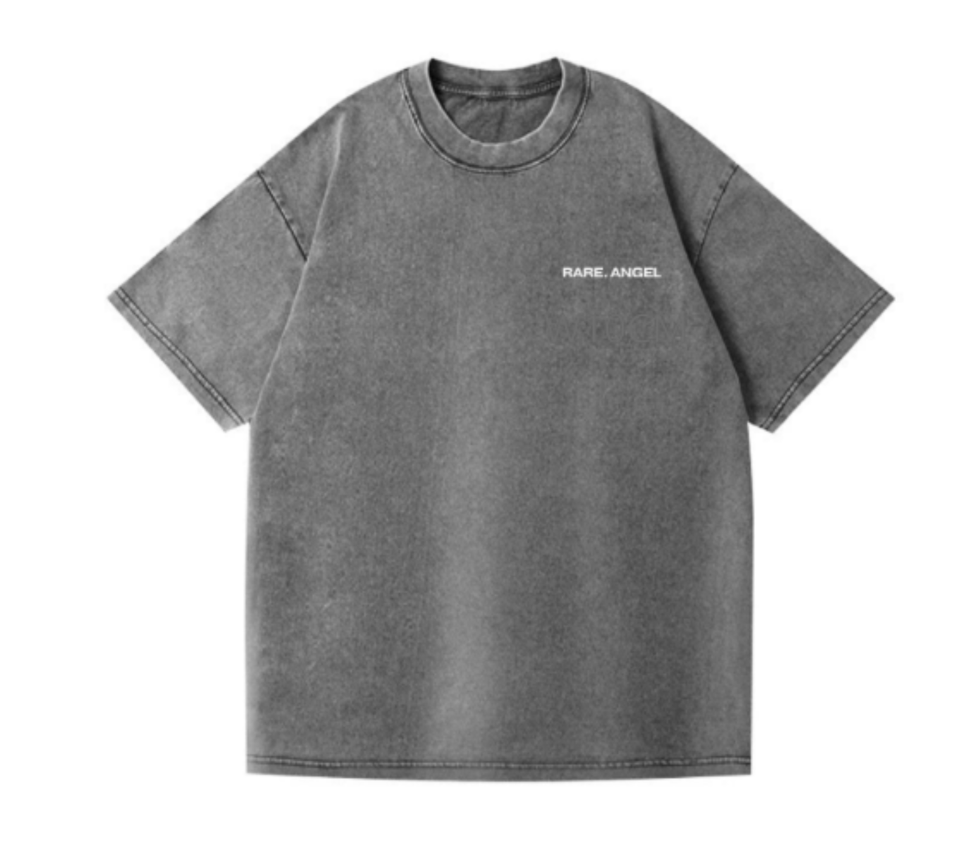 Grey t-shirt with 'RARE ANGEL' logo on a white background