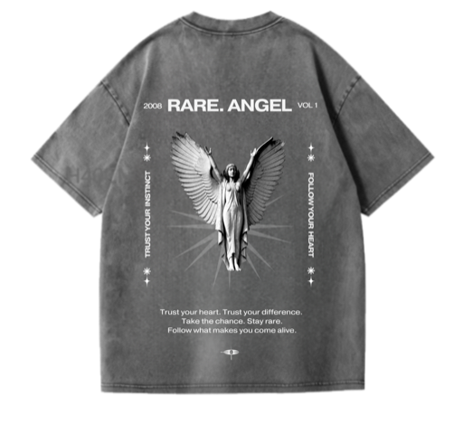 Gray t-shirt with angel graphic and text on a white background