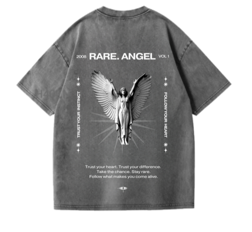Gray t-shirt with angel graphic and text on a white background