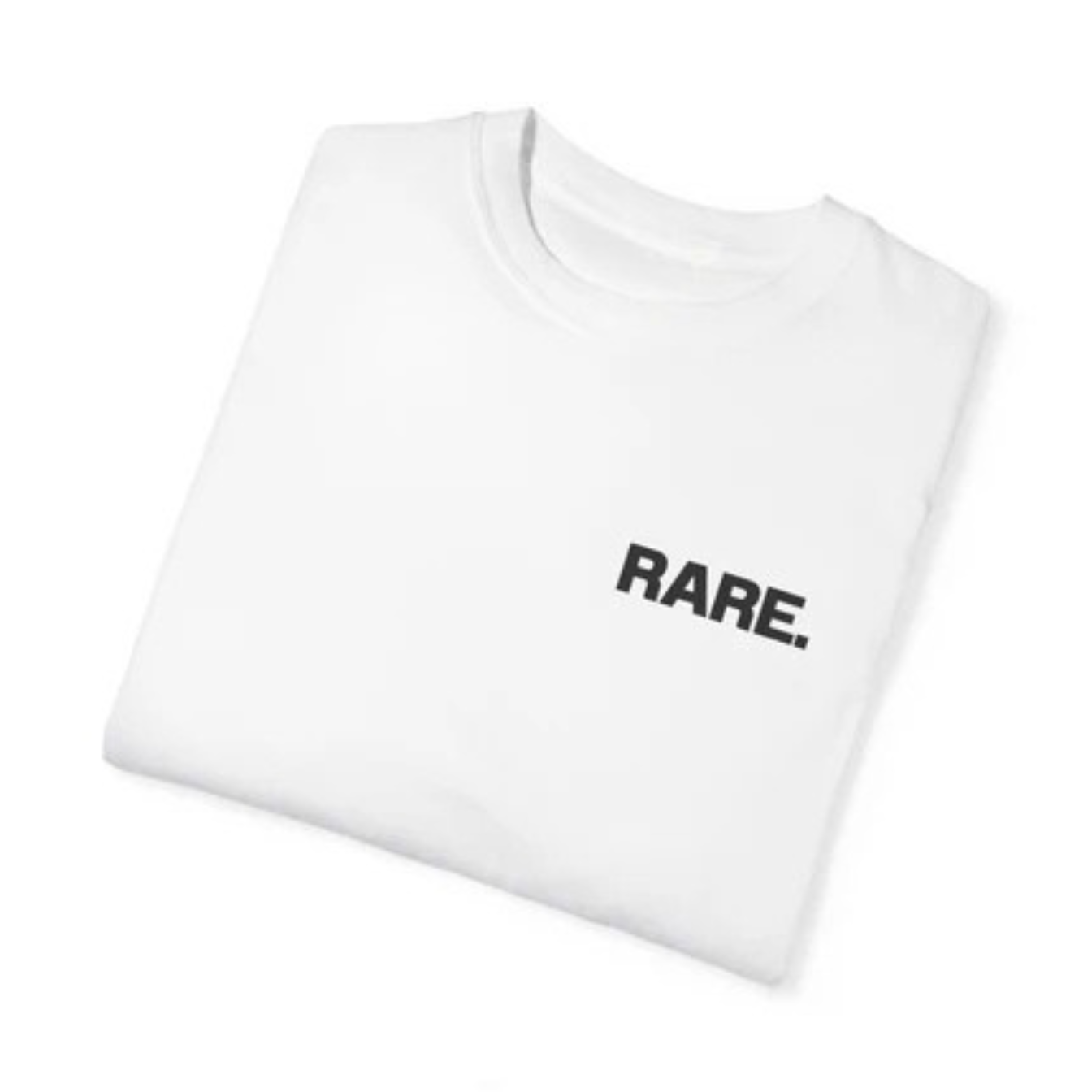 White t-shirt with 'RARE' text on a white background